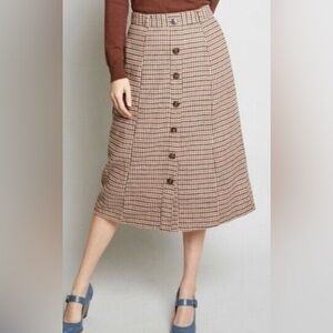 Modcloth Brown Houndstooth Button Front Wool Blend A-Line Midi Skirt